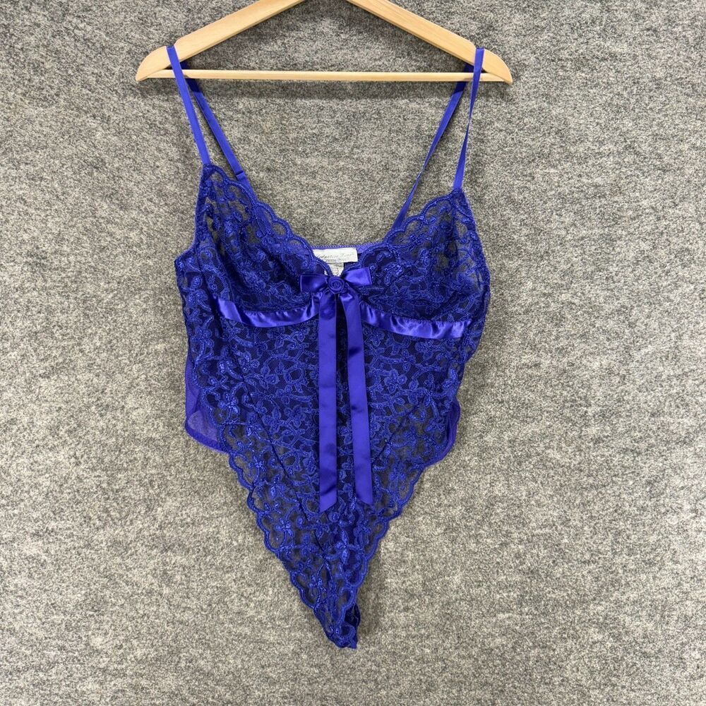 Jeductive Wear Bodysuit Women L Large Blue Floral Lace Sheer Wireless V-Neck